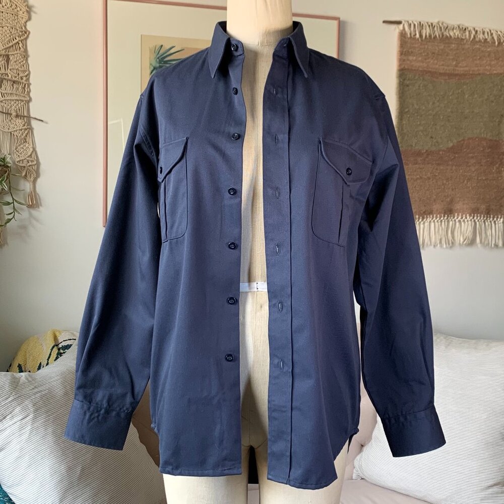 Vintage Work Master Tough Series Long Sleeve Causal Shirt Minimal Navy Classic - Picture 5 of 13